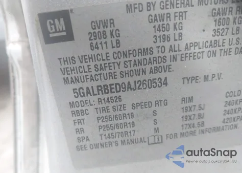 2010 Buick Enclave 1Xl z USA, uszkodzony, nr VIN 5GALRBED9AJ260534